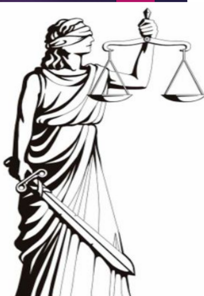 Ilustração em traço da deusa Justitia, vendada, com balança e espada