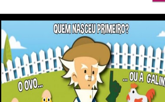 Charge de um fazendeiro perguntando o que nasceu primeiro, o ovo ou a galinha