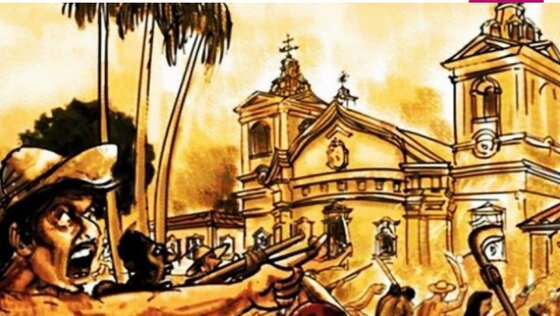 Ilustração de época de uma revolta popular colonial em frente a uma igreja