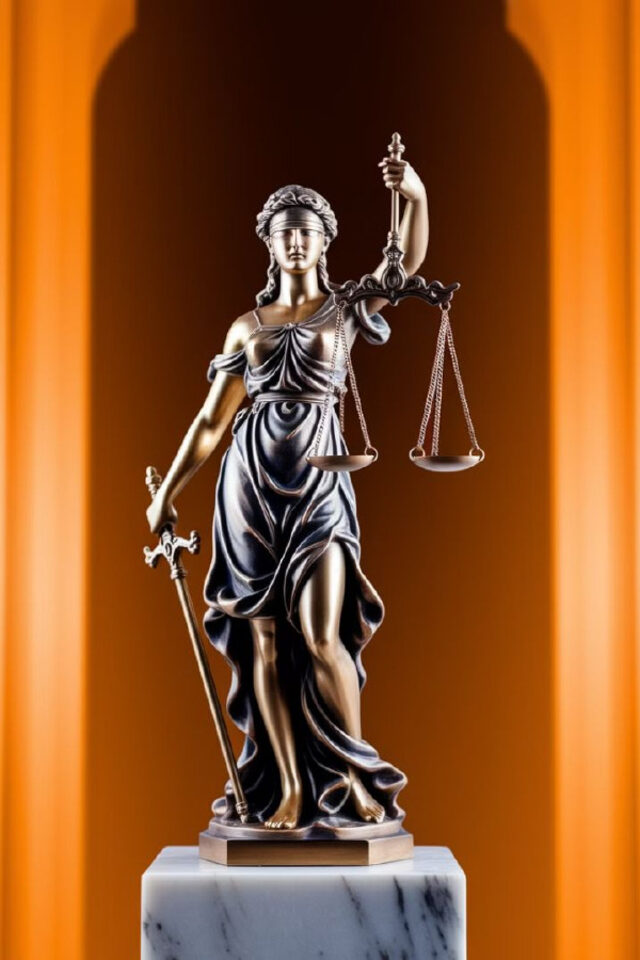 Estátua da Deusa da Justiça, com balança e espada, vendada
