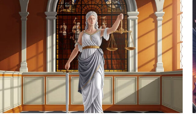 Estátua da Justiça em ambiente de tribunal, representando a presença da Deusa na arte