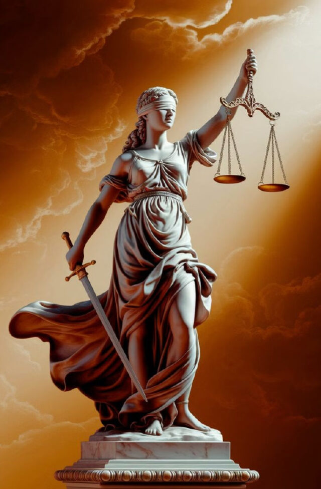 Estátua da Deusa da Justiça vendada, com balança e espada, fundo de nuvens douradas