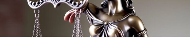 Detalhe da estátua da Justiça vendada, segurando a balança