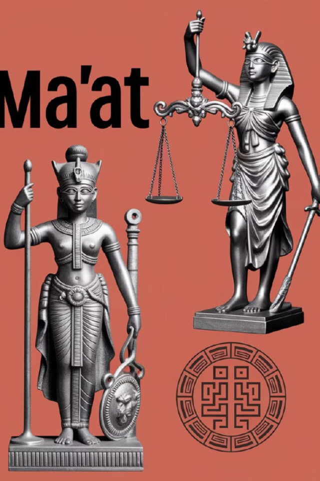 Ma'at e estátuas egípcias, fundo em tons de coral