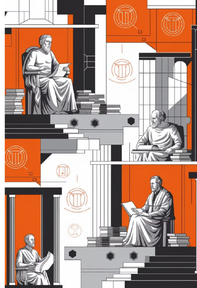 Ilustração estilizada representando os filósofos Platão, Aristóteles e Kant