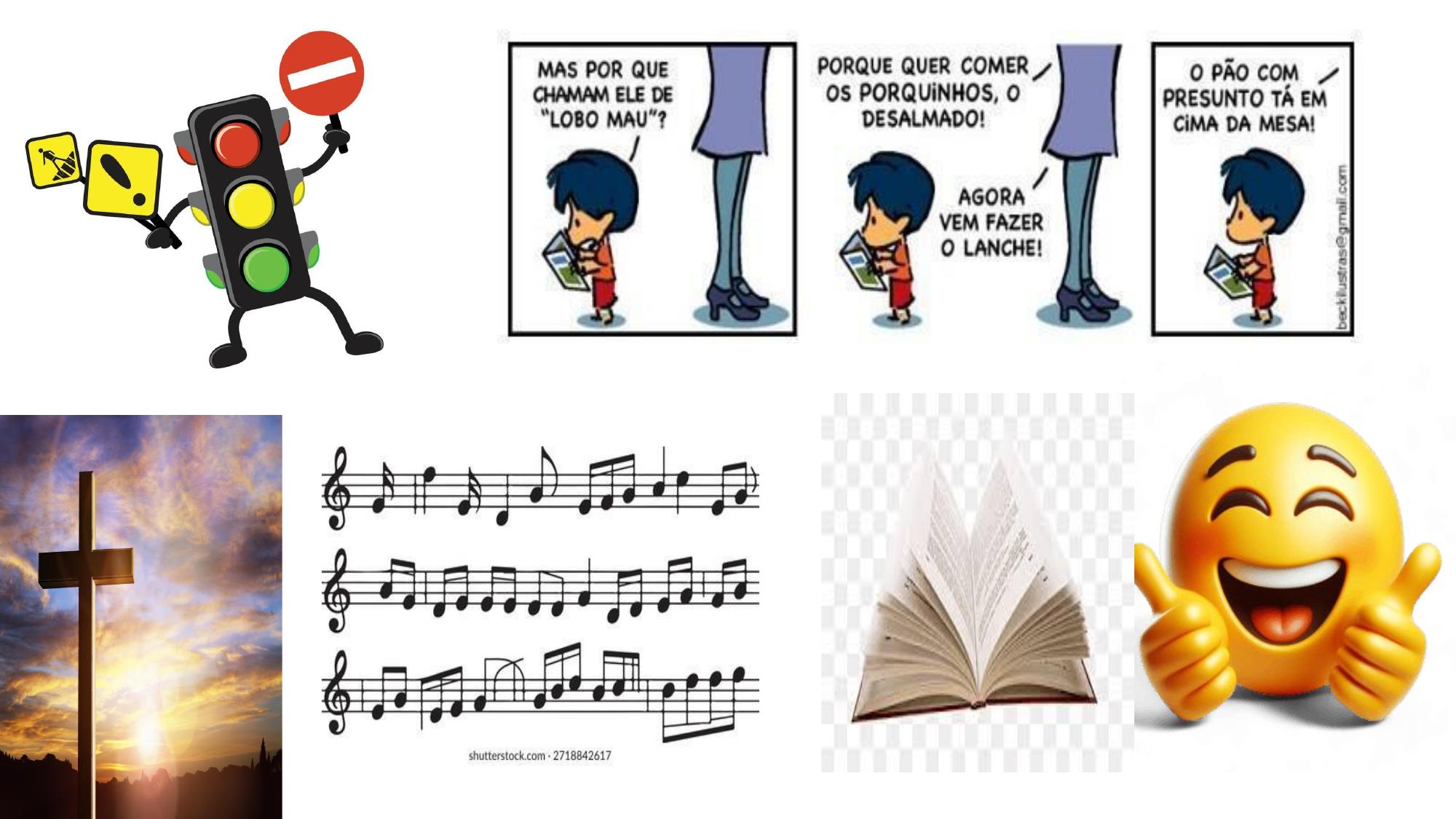 Slide: exemplos de linguagens e códigos — semáforo, tirinha, cruz, partitura, livro, emoji