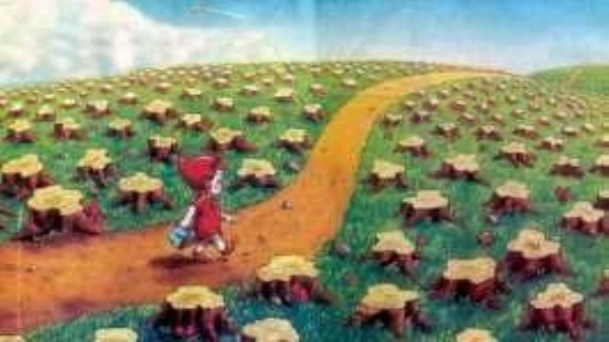 Slide: Chapeuzinho Vermelho em campo de tocos de árvore