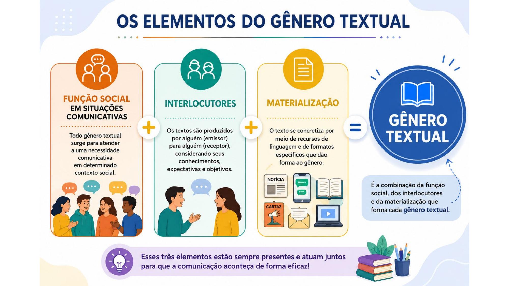 Slide: Os Elementos do Gênero Textual — função social, interlocutores, materialização