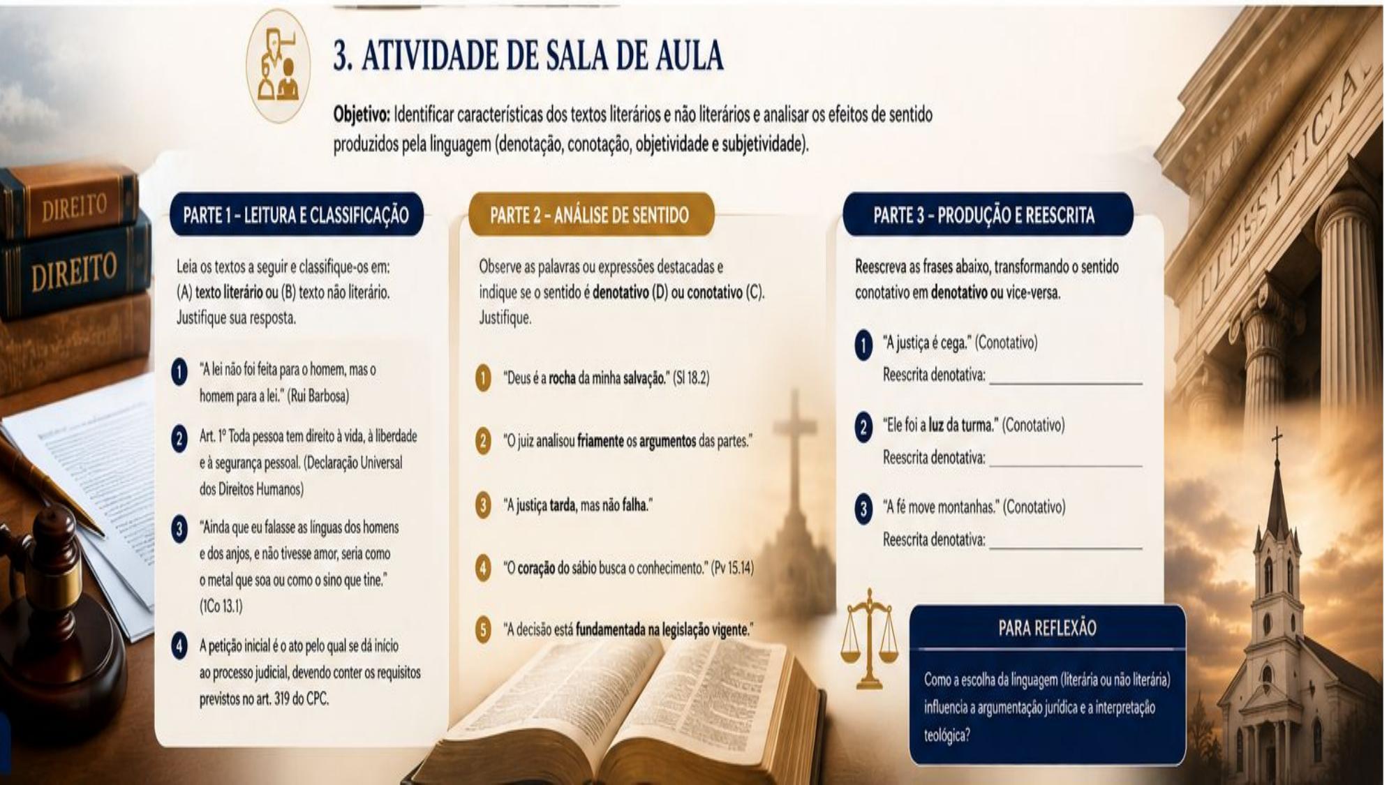 Slide: Atividade de Sala de Aula — leitura e classificação, análise de sentido, produção e reescrita