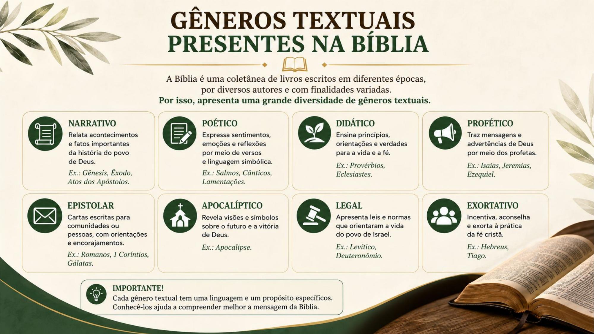 Slide: Gêneros Textuais Presentes na Bíblia — narrativo, poético, didático, profético, epistolar, apocalíptico, legal, exortativo