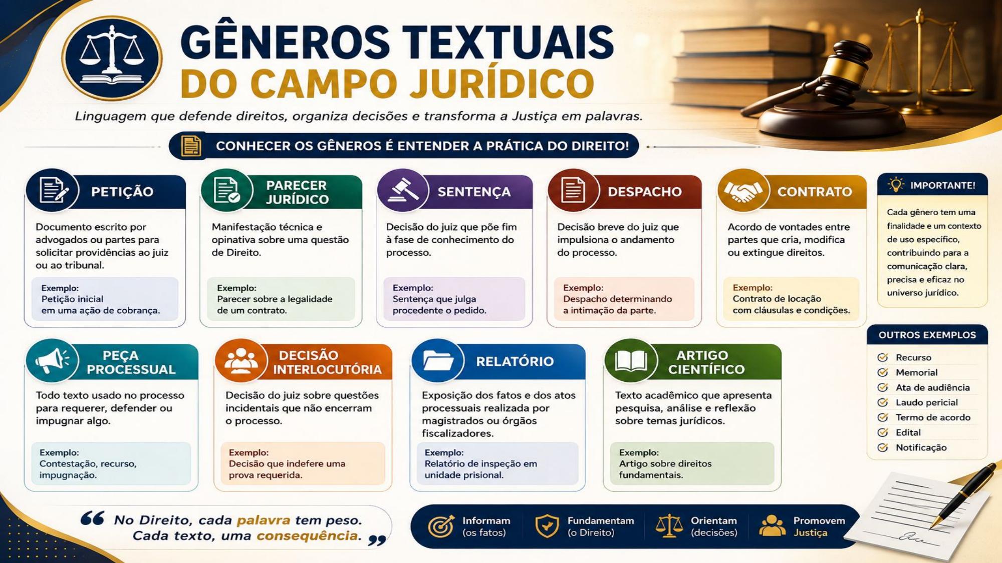 Slide: Gêneros Textuais do Campo Jurídico — petição, parecer jurídico, sentença, despacho, contrato, peça processual, decisão interlocutória, relatório, artigo científico