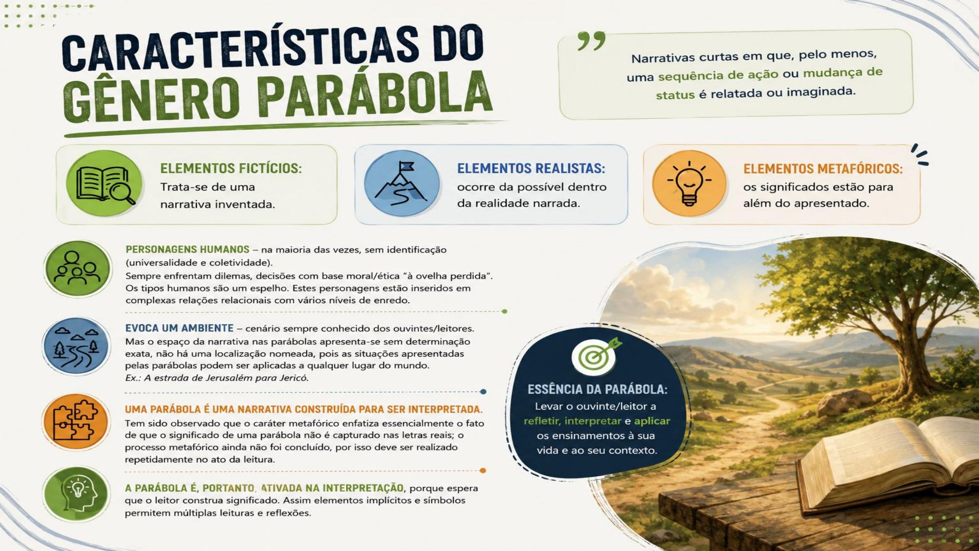 Slide: Características do Gênero Parábola — elementos fictícios, realistas e metafóricos