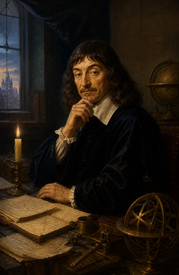Ilustração acadêmica de René Descartes em seu gabinete de estudos