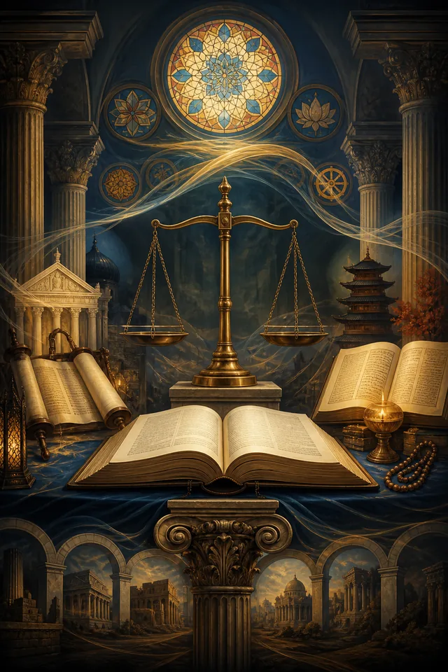 Ilustração acadêmica sobre Direito e Religião como estruturas de linguagem