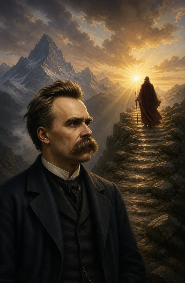 Ilustração acadêmica de Nietzsche e o caminho simbólico de Zaratustra